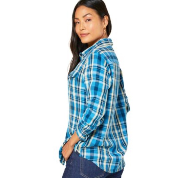 Outerknown Women's Blue Wave Ventana Plaid Heavy Weight Blanket Shirt, M/L - Picture 1 of 5